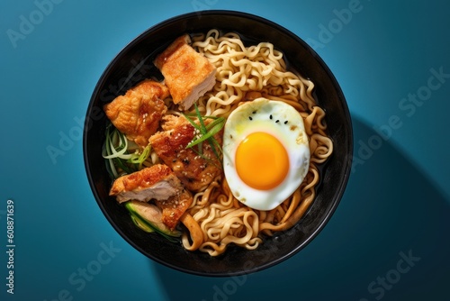 overhead food photography, korean instant noodle with egg and nori seaweed, and chicken chunks, on a seamless blue background. Generative ai photo