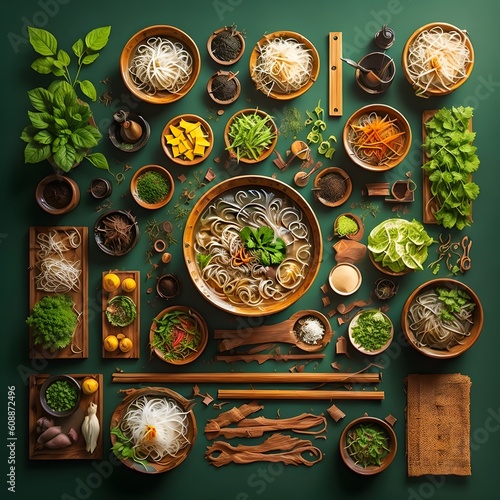 Pho bo, Vietnamese food, rice noodle soup with herbs and spices on a dark green background, food layout, top view, copy space. Created using generative AI.