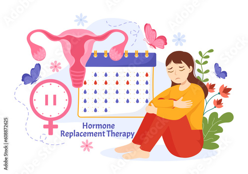 HRT or Hormone Replacement Therapy Acronym Vector Illustration with Treatment and Hormone Medication in Healthcare Cartoon Hand Drawn Templates