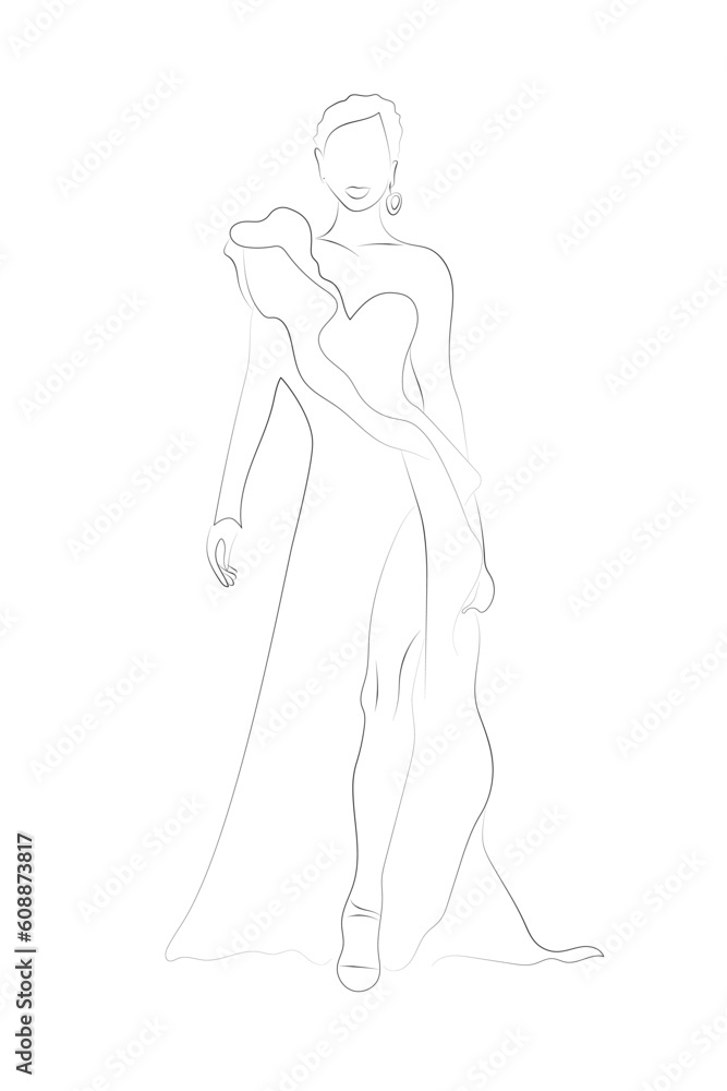 Woman's figure outline doodle sketch on the white background. Vector outline girl model template for fashion sketching. Fashionable model in the long dress walking on the podium