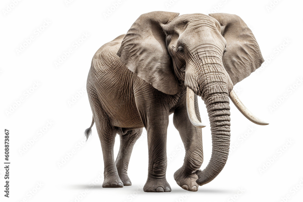 象 （アフリカゾウ）　白背景　AI生成画像　ジェネレーティブAI
