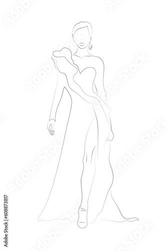 Woman s figure outline doodle sketch on the white background. Vector outline girl model template for fashion sketching. Fashionable model in the long dress walking on the podium
