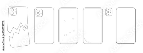 色んなスマホ　壊れたスマホ　気泡の入ったスマホ　めくれたスマホ　ベクターイラストセット