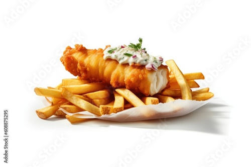 American Food Illustration. Fish & chips on white background. Generative ai