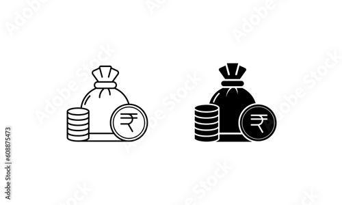 Simple money bag icon in black outline and flat style.Money bag with stack coins. rupee currency bag with coin. 