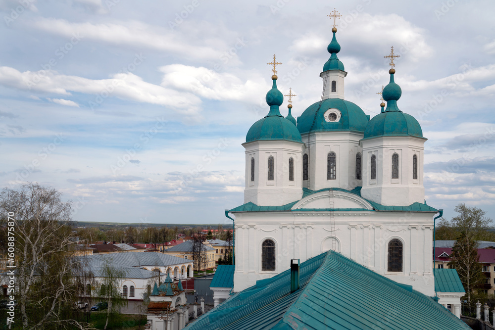 View of the Spassky Cathedral and the city of Yelabuga from the bell tower of the Spassky Cathedral on a sunny spring day, Yelabuga, Tatarstan, Russia