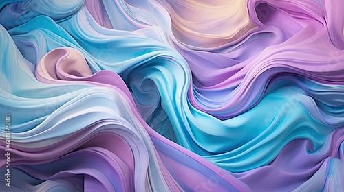 An abstract background of blue, purple, and white waves fabric satin. Abstract background created with Generative Ai Technology