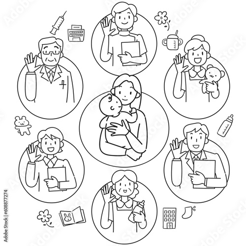 赤ちゃんを育てる若い母親と子育て支援のイメージ図