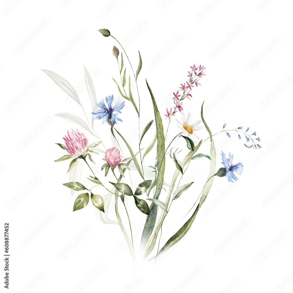 Wild herbs field flowers plants. Watercolor bouquet - illustration with green leaves, branches and colorful buds. Wedding stationery, wallpapers, fashion, backgrounds, prints, pattern. Wildflowers. 