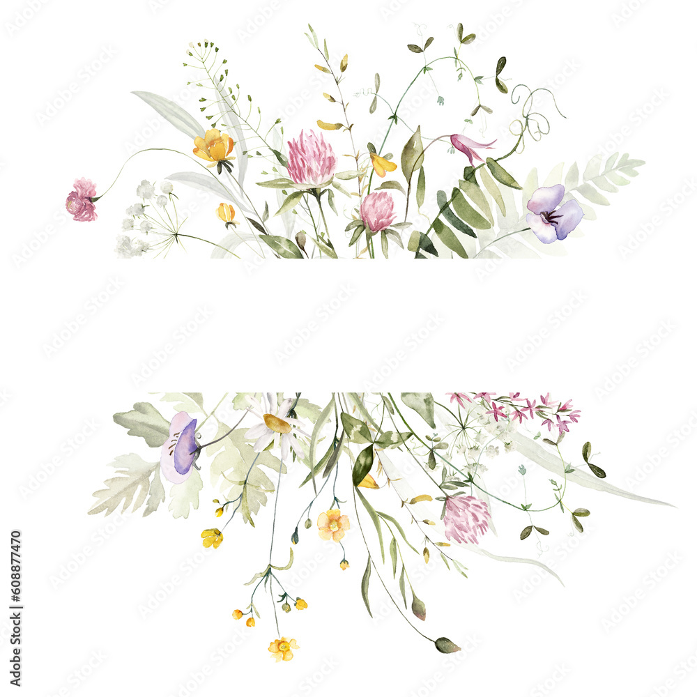 Wild field herbs flowers. Watercolor seamless frame - illustration with green leaves, pink yellow buds and branches. Wedding stationery, wallpapers, fashion, backgrounds, textures. Wildflowers. 