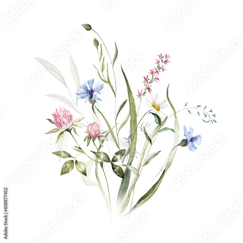 Wild herbs field flowers plants. Watercolor bouquet - illustration with green leaves  branches and colorful buds. Wedding stationery  wallpapers  fashion  backgrounds  prints  pattern. Wildflowers. 