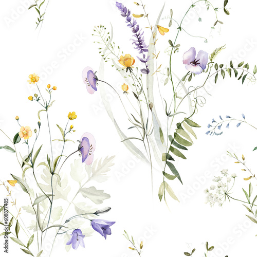 Watercolor seamless pattern white background - illustration with green leaves, pink blue yellow buds and branches. Wild field herbs flowers. Wedding invites, fashion, prints, backgrounds. Wildflowers.