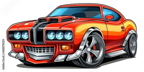 Classic orange American muscle car cartoon isolated Illustration. Generative AI.