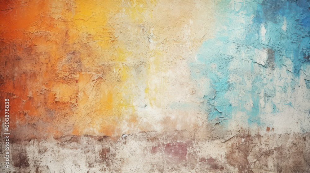 Old concrete wall with peeling pastel paint. Grunge wallpaper. Orange, blue, gray colors. 