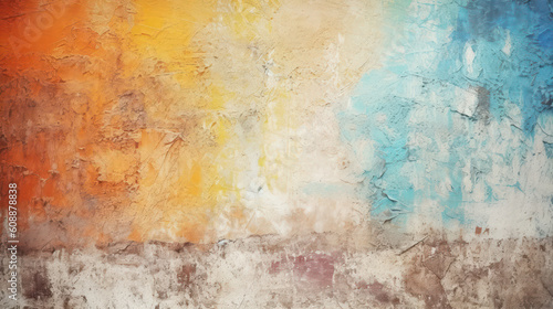 Old concrete wall with peeling pastel paint. Grunge wallpaper. Orange, blue, gray colors. 