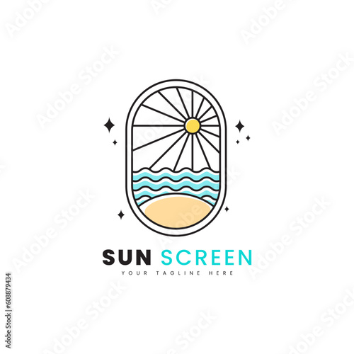 Minimalist vector sun screen logo, with illustration of sun rays on a sunny beach