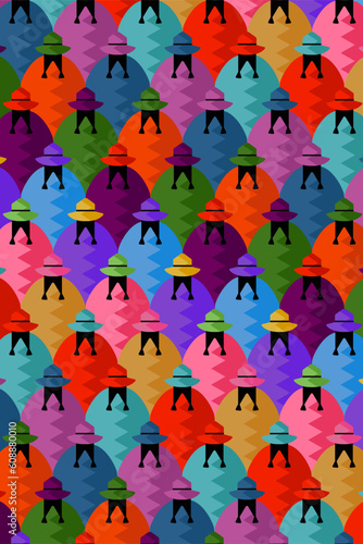 A pattern of South American cholitas wearing ponchos and hats in vivid colors