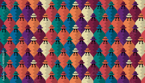 A pattern of South American cholitas wearing ponchos and hats in earthy colors
