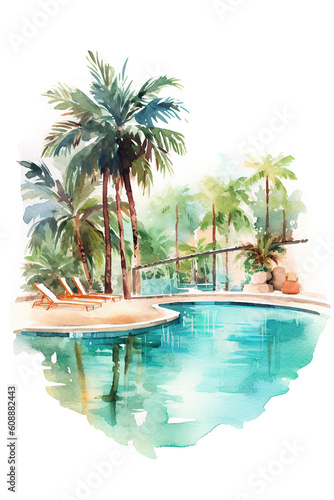 swimming pool resort watercolor clipart isolated on white background