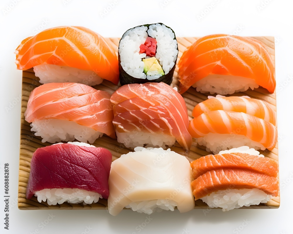 Colorful and beautifully presented sushi nigiri with fresh fish and perfectly seasoned rice. Generative AI