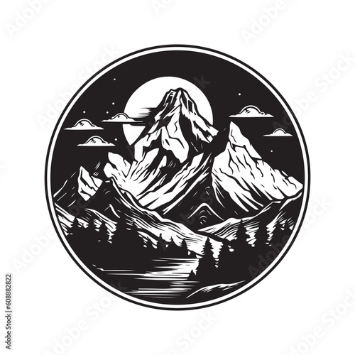 mountain, vintage logo line art concept black and white color, hand drawn illustration