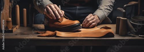 a man making shoes leather on his wooden chair Generative AI
