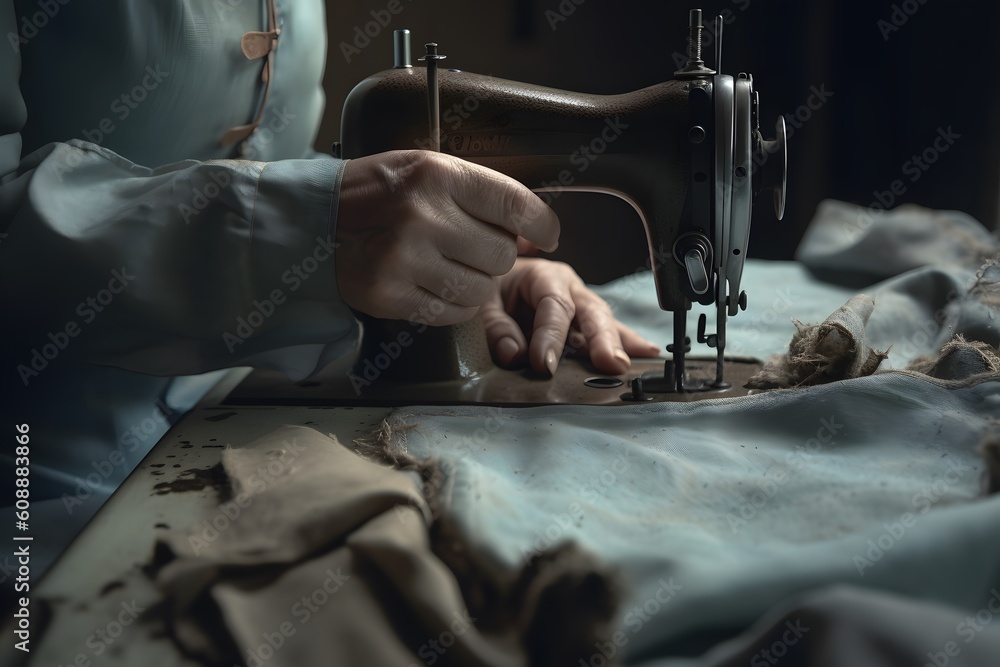 A person working with a sewing machine, featuring an industrial-style texture. Generative AI