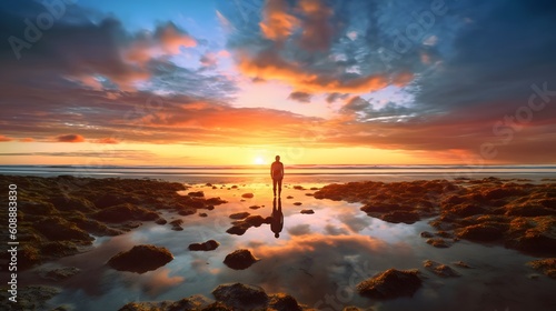 A person standing on the beach and watching the sunset Generative AI © Elmi