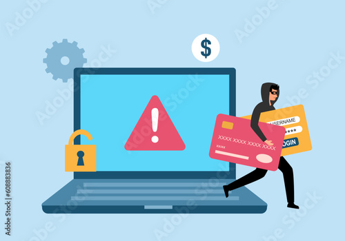 Credit card online payment scam concept. Internet phishing hacker stealing money cybercrime from computer payment website.