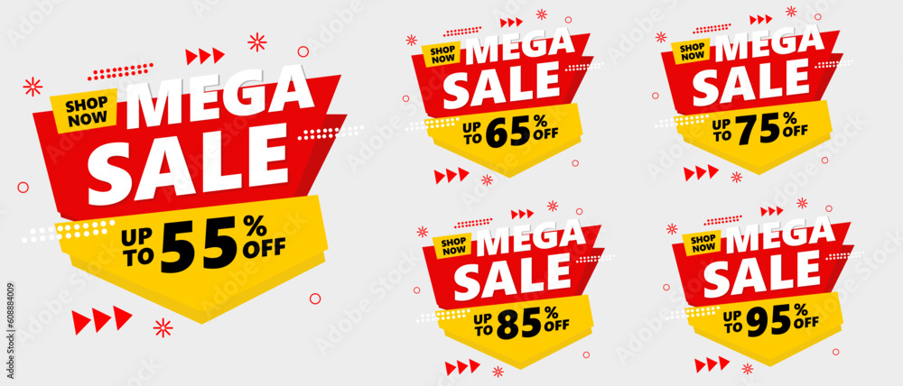 Super sale, Mega sale, Sale Banners, Labels and Sticker set. 55% 65% 75% 85% 95% . vector illustration.