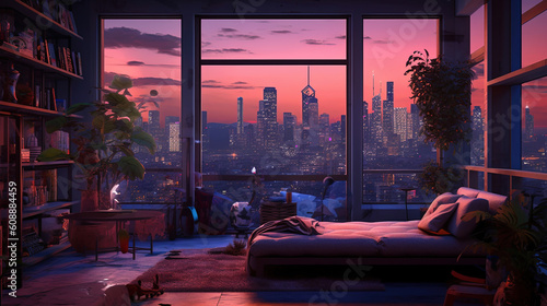 3d illustration city at dusk in living room