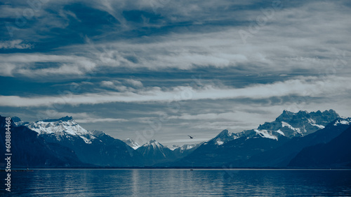 Mountain and Water Background View. Lake Geneva Vevey, Swistzerland. photo