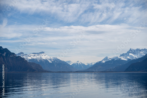 Mountain and Water Background View. Lake Geneva Vevey, Swistzerland. © marchsirawit