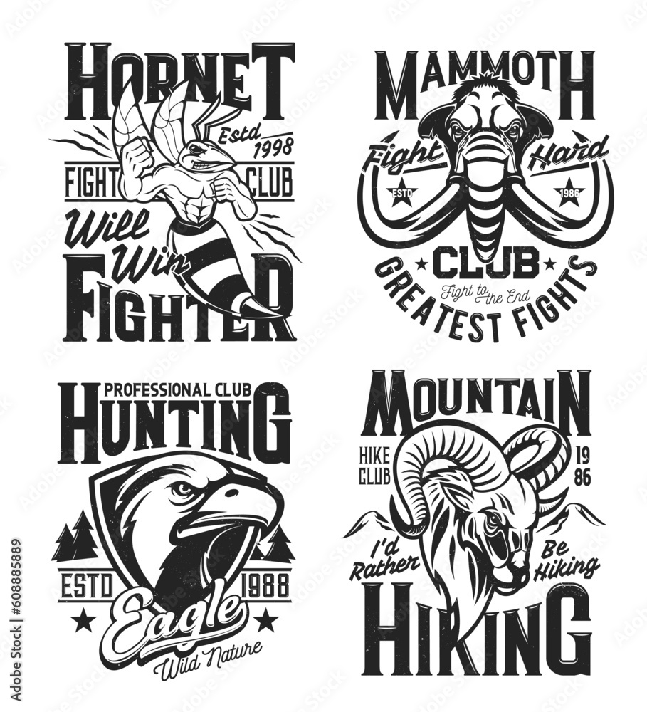 Sport club mascots and t-shirt prints. Angry hornet, mammoth, eagle and mountain sheep ram and retro typography on fighting, hunting and hiking club vector emblem, symbol or clothing custom print