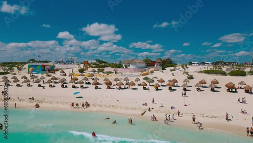 revealing shot of Cancun beach in the hotel zone in the summer and sunny day