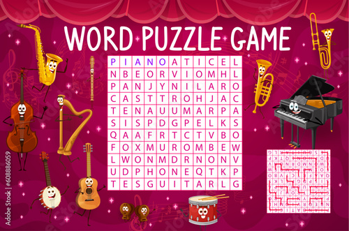 Cartoon musical instrument characters word search puzzle game. Vector worksheet of kids word maze or game quiz with cute guitar, piano, saxophone, drum, banjo and violin, jazz orchestra personages