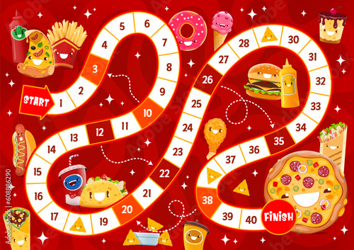 Step board game, cartoon cheerful takeaway fast food characters, vector quiz worskheet. Pizza, donut with cheeseburger, burrito or shawarma, funny fast food for start and finish dice race game