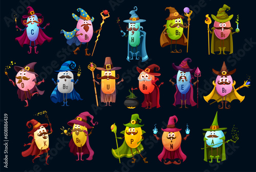 Cartoon vitamin wizards, mages and sorcerers characters. Vector B5, U and C, B12 and E. P, N, B1, A and H with D, K and B6 magician personages wear witch hat, cape, holding wands or staff