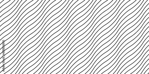 Wave lines seamless pattern. Black undulate stripes repeating background. Diagonal wavy texture. Simple curved linear wallpaper. Textile and fabric design template. Vector