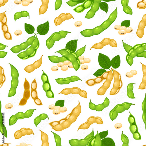 Soy beans seamless pattern, green soybean pods and legume. Vector soy beans of soya seeds vegetable plant background pattern with chickpea peapod, haricot or legume lentils