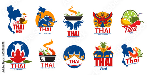 Thai cuisine icons, Thailand restaurant. Vector asian food isolated symbols with elephants, thai map and spicy dishes, rice pots, shrimp soup tom yum, coconut, mango and hot chilli peppers