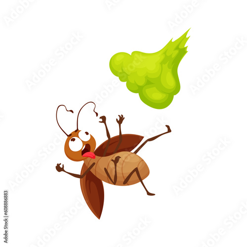 Cartoon cockroach character under insecticide green cloud. Isolated vector funny insect personage and pesticide fume. Pest control and bugs extermination