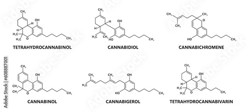 Cannabinoid molecule structure. Cannabinoid compound vector formula. Psychoactive Tetrahydrocannabinol, Canabidiol, Cannabigerol and Cannabinol, Tetrahydrocannabivarin, Cannabichromene molecule scheme