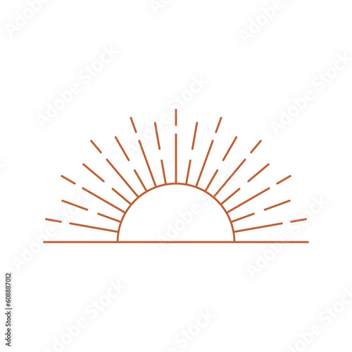 Bohemian linear logo, sunrise or sunset isolated sunshine outline icon. Vector boho sunrise, sunburst geometric abstract design element