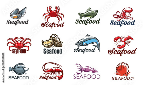Seafood icon with vector fish, shrimp, lobster and crab. Sea food oyster, octopus, squid and prawn, mussel, clam and ocean scallop, salmon, perch and flounder isolated symbols of seafood restaurant