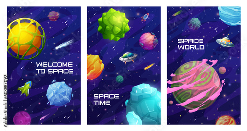 Space posters, starry galaxy, space planets and stars, spaceship and ufo, vector astronomy science. Cartoon fantasy universe, rockets, comets and asteroids, cosmos travel and adventure banners set