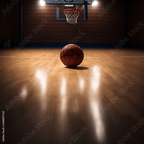 Photo basketball lying on wooden floor of basketball court and illuminated by spotlights 