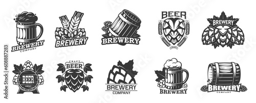 Beer brewery icons, mug, tankard, barrel and malt hop, beer brew or bar pub vector labels. Craft beer and alcohol drinks brewery badge or symbol with barrel and wheat barley laurel of premium quality