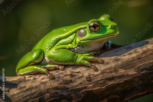 green frog perched on a tree branch Generative AI