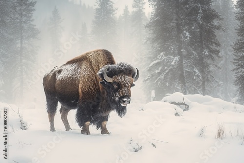 Bison In The Winter In Snowstorm